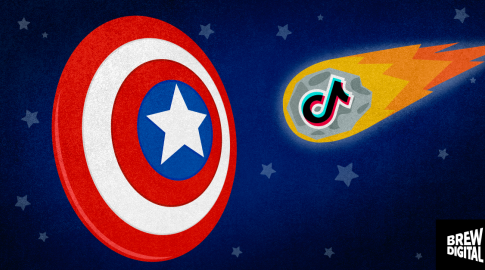 Illustration of Captain America's shield on the left, facing an incoming meteor with the TikTok logo, streaking with an orange trail, against a starry blue background. "Brew Digital" is written in the bottom right corner.