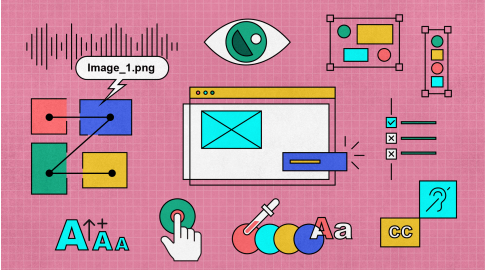 Colorful digital illustration representing web accessibility, featuring icons such as an eye, sound wave, hearing aid symbol, color palettes, text resizing, closed captioning, a browser window, touch interaction, interconnected nodes, and checkboxes, all set on a pink grid background.