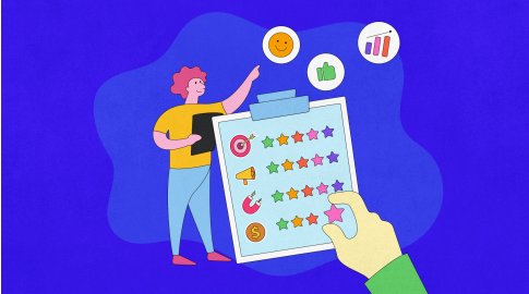 Illustration of a person holding a clipboard with colorful star ratings next to icons for targets, megaphones, magnets, and money; another hand is placing a pink star on the board. Above, three round icons show a smiley face, a thumbs up, and a rising bar graph, all on a blue background.