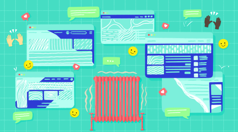 Colorful illustration of multiple web browser windows, chat bubbles, hand clapping emojis, hearts, and smiley faces surrounding a red radiator, set on a teal grid background.