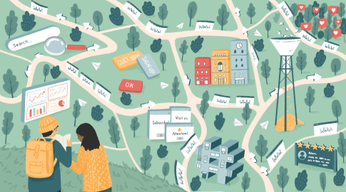 Illustration of two people with a map exploring a landscape themed like a digital marketing journey; features include a search bar, browser windows, data charts, call-to-action buttons, a water tower with paper planes, heart icons, star ratings, and various directional arrows representing website navigation paths.