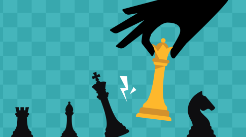 A stylized illustration of a chessboard with a large black hand holding a gold queen piece, while a black king piece falls over, surrounded by other black chess pieces. The background features a blue checkered pattern.