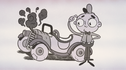 Black-and-white cartoon of a confused character scratching their head while standing next to a broken-down car with smoke rising from the hood.