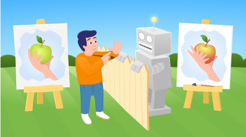 A person and a robot stand on opposite sides of a partially built wooden fence, each with an easel holding a painting of a hand holding an apple. The person is holding a hammer and smiling, while the robot's light is on, suggesting activity. The scene takes place outdoors with clear skies and greenery in the background.