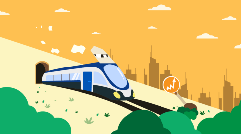 Illustration of a modern blue and white train emerging from a tunnel, with green bushes in the foreground and a yellow city skyline in the background. The sky is orange with scattered clouds, and a white upward-trending graph icon appears near the city buildings.