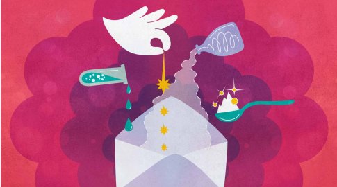 Illustration of an open envelope being filled with creative elements: a hand drops a yellow star, a test tube pours blue liquid drops, a bottle pours in a fluid, and a spoon with sparkly shapes is above the envelope. The background is a blend of red and purple circles.