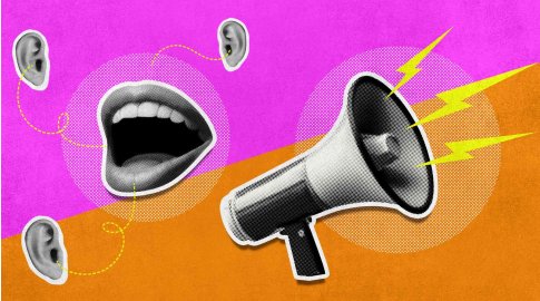 Collage-style illustration of a large open mouth surrounded by three ears with dotted lines connecting them, next to a megaphone emitting yellow lightning bolts. The background is split diagonally between bright pink and orange.