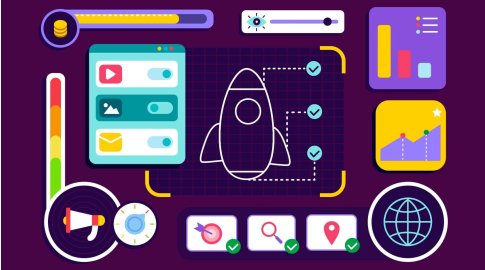 Colorful digital illustration showing a rocket at the center surrounded by interface elements including sliders, toggles, charts, graphs, a megaphone, globe, and icons representing targeting, search, and location, symbolizing various aspects of a marketing campaign.