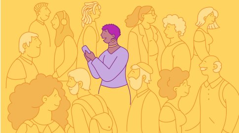 Illustration of a diverse crowd of people drawn with simple orange outlines on a yellow background, with one central person in purple clothing and hair standing out and holding a phone.