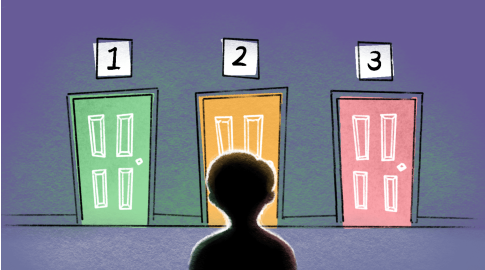 Illustration of a person silhouetted in front of three closed doors, each a different color (green, yellow, pink) and labeled with numbers 1, 2, and 3.