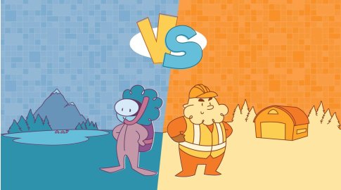 Cartoon illustration split in half: the left side is blue with mountains, trees, a lake, and a smiling character wearing a backpack; the right side is orange with pine trees, a barn, and a character in a construction vest and hard hat. Large "VS" text is centered at the top.