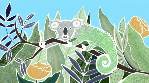 Illustration of an animal with the head and arms of a koala and the body and tail of a chameleon, perched on a branch surrounded by green leaves and yellow flowers against a blue sky.