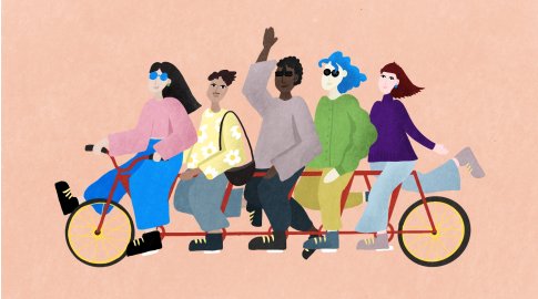 Illustration of five diverse people riding a long tandem bicycle against a peach-colored background; some are waving, wearing colorful clothing and sunglasses, and all appear cheerful.