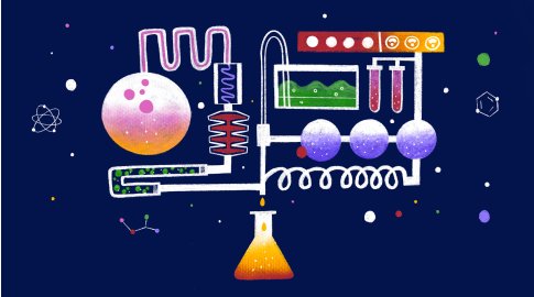 Colorful illustration of a whimsical laboratory setup with beakers, test tubes, flasks, coiled tubes, and liquid-filled containers connected in a complex system, set against a dark blue background with scattered atoms and molecules.