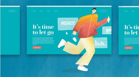 Illustration of a person walking with a computer mouse in hand overlaid on a teal website interface. The main text reads “It’s time to let go,” with a brief paragraph and a “Learn more” button below. The scene includes abstract graphic elements such as charts and text boxes, and navigation links at the top.