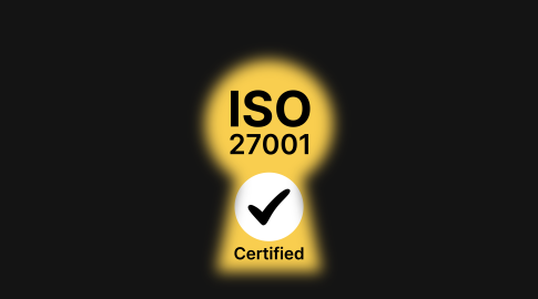 A glowing yellow keyhole shape on a black background with the text "ISO 27001" above a white circle containing a black check mark, and the word "Certified" below.