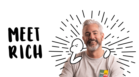 Smiling man with gray hair and beard wearing a "Parlez Sports" shirt, surrounded by hand-drawn lines and a cartoon character, with bold text on the left reading "Meet Rich."
