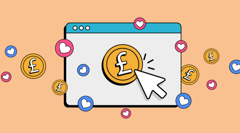 Illustration of a web browser window with a large gold coin featuring a pound sterling symbol and a mouse cursor clicking it, surrounded by more pound coins and heart icons on a peach background.