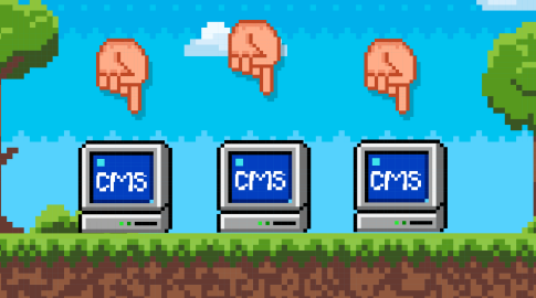 Pixel art illustration showing three old computer monitors on grass, each displaying "CMS" on the screen, with a downward-pointing hand above each monitor. Trees and sky with clouds form the background.