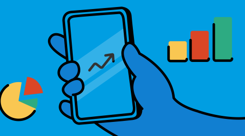 Illustration of a blue hand holding a smartphone displaying an upward trending arrow, with a pie chart on the left and a three-bar chart in yellow, red, and green on the right, all on a blue background.