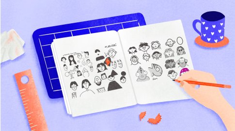 Illustration of an open sketchbook on a desk with doodles of various cartoon faces. A hand is drawing with an orange pencil, and nearby are a blue mug with white hearts, an orange ruler, a blue cutting mat, and pencil shavings. The background is a light purple color.