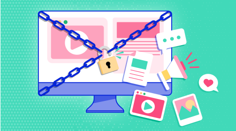 Illustration of a computer monitor with a blue chain and padlock across it, symbolizing restricted access. Surrounding the monitor are icons of media, documents, a chat bubble, a megaphone, a heart, and photos, representing different types of online content. The background is teal with a pixel pattern.