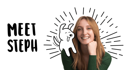 Smiling woman with long light brown hair in a green shirt, resting her chin on her hand. To her left, bold text reads "MEET STEPH." A playful cartoon dog illustration with radiating lines is overlaid, partially behind the woman. The background is white.