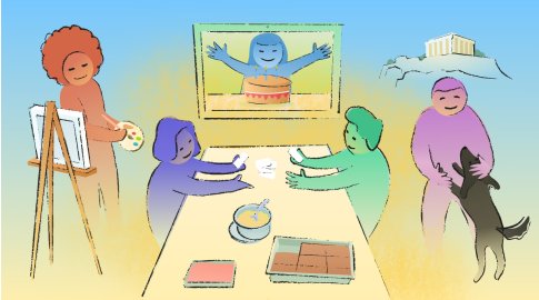 Cartoon illustration of five people and a dog engaged in various activities: one person painting at an easel, two people playing cards at a table with snacks, one person hugging a dog, and another person shown on a screen with a birthday cake. In the background, a classical building resembling the Parthenon is visible.