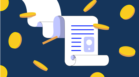 Illustration of a long paper report with blue lines and a graphic, surrounded by floating gold coins on a dark blue background.