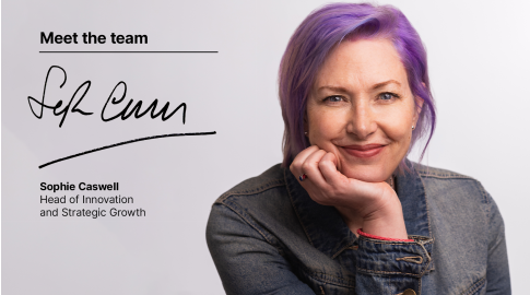 A woman with purple hair wearing a denim jacket is smiling and resting her chin on her hand. On the left side, text reads "Meet the team" above a black signature. Below, text says "Sophie Caswell, Head of Innovation and Strategic Growth." The background is plain light grey.