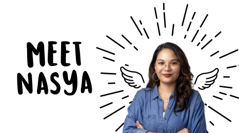 A woman with long dark hair and glasses stands with arms crossed, smiling. She is wearing a blue shirt. Beside her, bold text reads "MEET NASYA." Behind her are illustrated wings and radiating lines, giving a playful, angelic effect. The background is white.