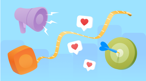 Illustration of a megaphone, a measuring tape, and a dart hitting a target, with floating heart icons, symbolizing social media marketing and achieving engagement goals.