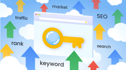 Illustration of a yellow key inside a web browser window, surrounded by colorful upward-pointing arrows and SEO-related words like "keyword," "traffic," "rank," "SEO," "search," and "market" against a sky with clouds background.