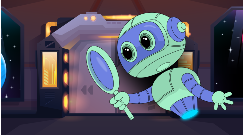 Cartoon robot with large eyes floating in a futuristic space station, holding a magnifying glass and looking curious.