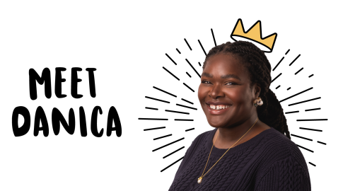 Smiling woman with braided hair, wearing a navy sweater and gold jewelry, is shown on a white background. Hand-drawn lines radiate behind her head, and a yellow crown illustration is above her. Bold text on the left reads "MEET DANICA."