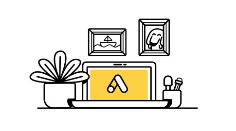 Line drawing of a desk with a potted plant, a laptop displaying a yellow screen with a stylized "A" logo, a cup holding writing utensils, and two framed pictures on the wall above—one of a sailboat and one of a dog.