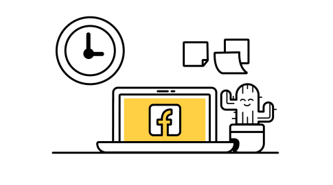 Simple illustration of a laptop displaying a yellow screen with a stylized "f" logo, a smiling potted cactus, a wall clock, and two sticky notes on a white background.