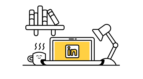 Illustration of a laptop displaying the LinkedIn logo, with a desk lamp to the right, a steaming coffee cup with a smiling face to the left, and a wall shelf with books above.
