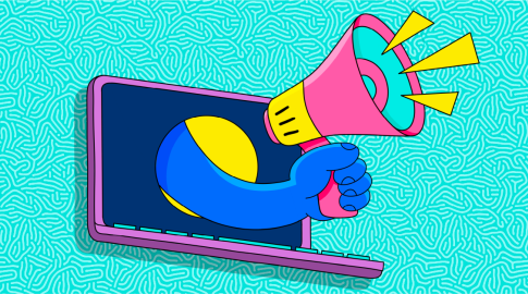 Illustration of a blue hand holding a pink megaphone, emerging from a laptop screen, with yellow sound lines coming from the megaphone. The background is a teal pattern with squiggly lines.