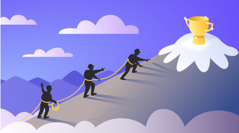 Illustration of three silhouetted people climbing a mountain, roped together, with a golden trophy at the snow-capped peak under a purple sky with clouds.