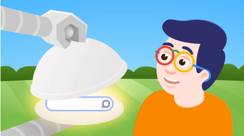 Cartoon illustration of a person with colorful glasses smiling at a robotic arm lifting a cloche to reveal a glowing search bar, set outdoors with green fields and blue sky.