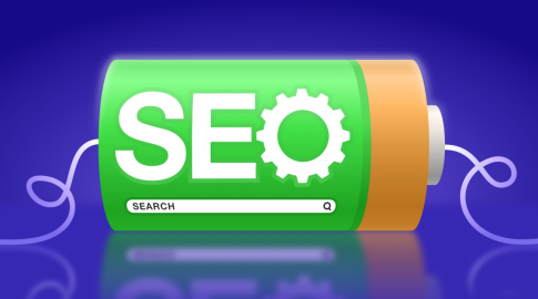 Illustration of a green battery with the letters "SEO" on it, where the "O" is depicted as a gear; below it is a search bar with the word "SEARCH" and a magnifying glass icon, set against a blue gradient background.