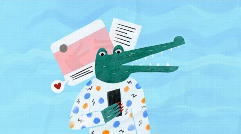 Illustration of a green alligator wearing a polka-dot shirt, holding a smartphone. Floating above its head are stylized documents, a chat bubble, and a heart symbol, against a light blue background.