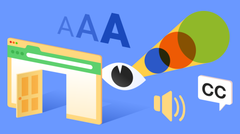 Illustration representing digital accessibility: an open web browser with an open door, large “AAA” text, an eye with overlapping colored circles indicating visual impairments, a speaker icon, and a closed caption “CC” symbol.