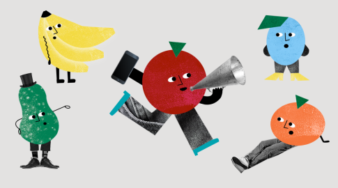Illustration of five anthropomorphic fruits with faces and limbs: a banana, a pear wearing a top hat, a red apple running with a phone and megaphone, a blue fruit with yellow shoes, and an orange fruit sitting on the ground.