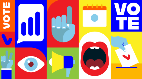 Colorful collage of election-themed icons including the word "VOTE," a raised hand, a ballot being placed in a box, a calendar, a speech bubble with a graph, a megaphone, an eye, a mouth shouting, and symbols for voting and peace.