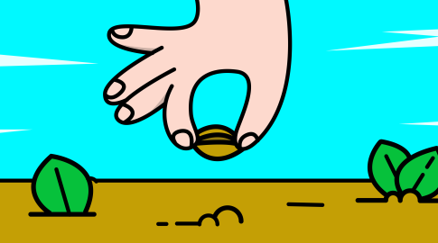 A cartoon-style illustration of a hand placing a seed into brown soil, with small green plants and a bright blue sky in the background.