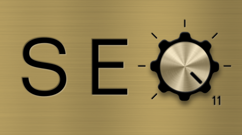 The image shows the letters "S" and "E" in black on a brushed gold background, followed by a metallic control knob styled as the letter "O" to spell "SEO." The knob is turned toward the highest setting labeled "11."