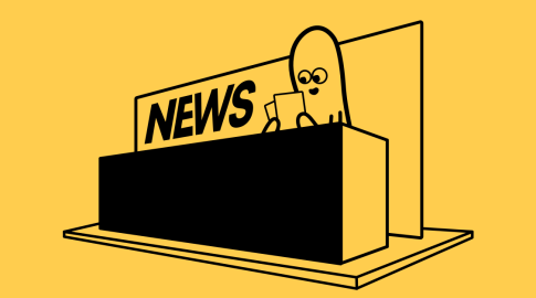 Simple cartoon of a blob-like character reading paper notes at a news desk with the word "NEWS" in large letters; black lines on a yellow background.