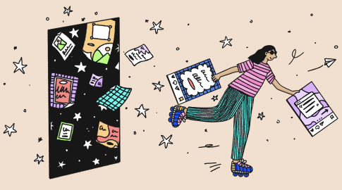 Illustration of a person on roller skates, wearing a pink striped shirt and green pants, holding large social media post graphics in each hand. They are stepping out of a black, star-filled doorway with floating documents and creative elements, surrounded by stars and a paper airplane on a beige background.